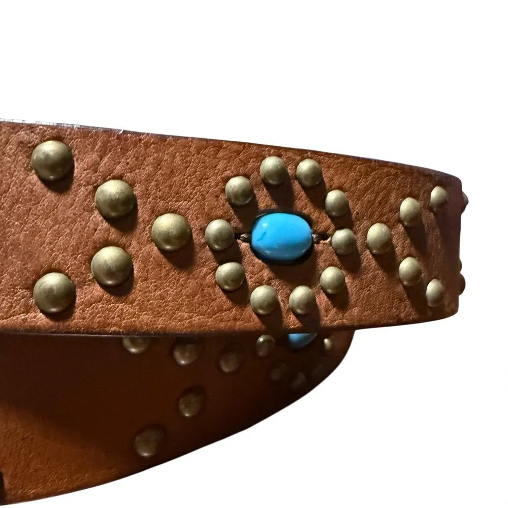 Fossil Womens Brown Leather Studded Turquoise Western Belt BT2404 Medium - Picture 5 of 11